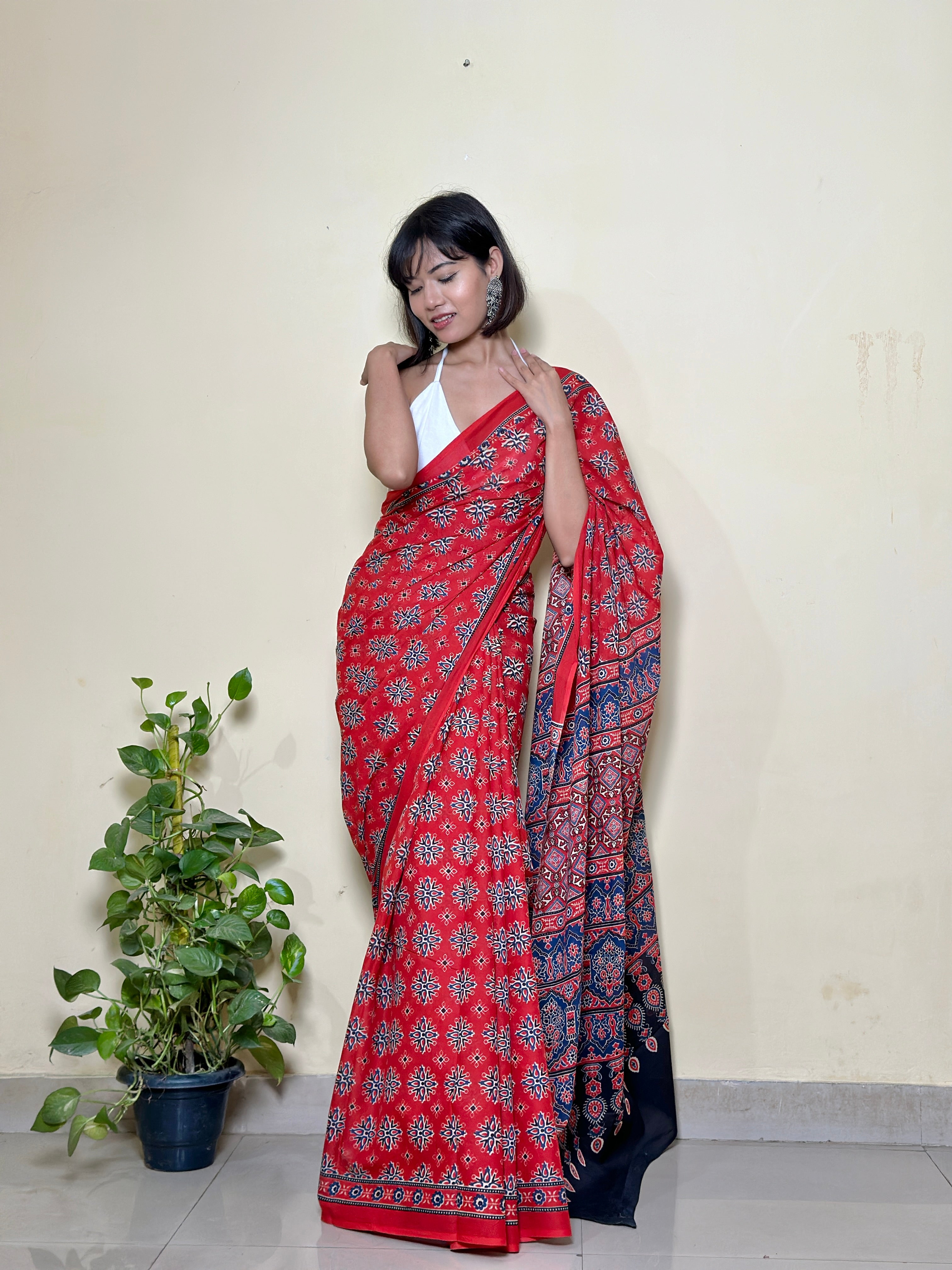 Red Ajrakh - Cotton Mulmul Handblock Saree